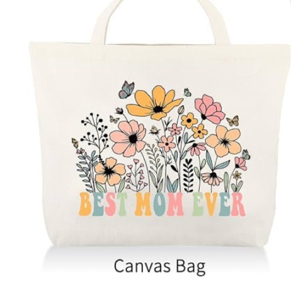 🎉2/$5 Floral “Best Mom Ever” Canvas Tote Bag - Cream